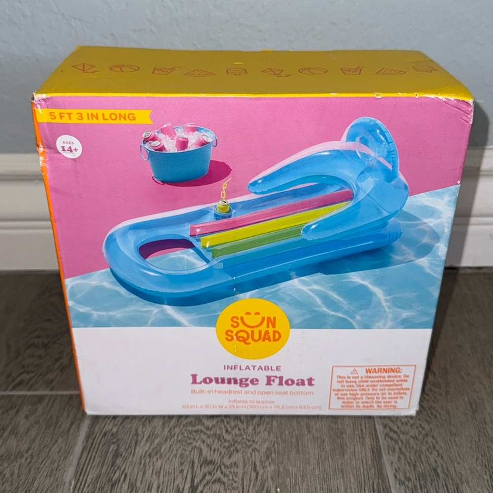 Sun Squad Inflatable Lounge Float with Headrest and seat bottom 5' 3" long BLUE